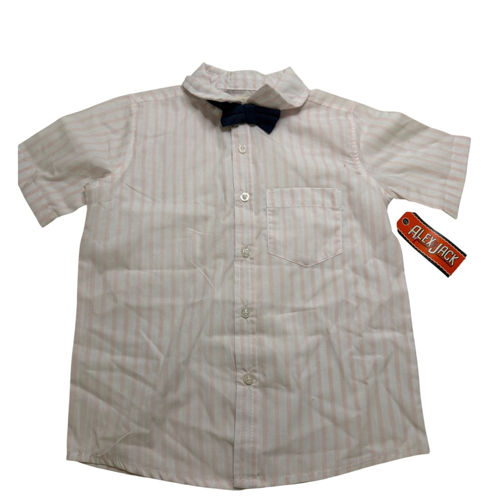 Alex & Jack Boys Pink White Striped Short Sleeve Button Down Shirt Bow Tie Sz 7